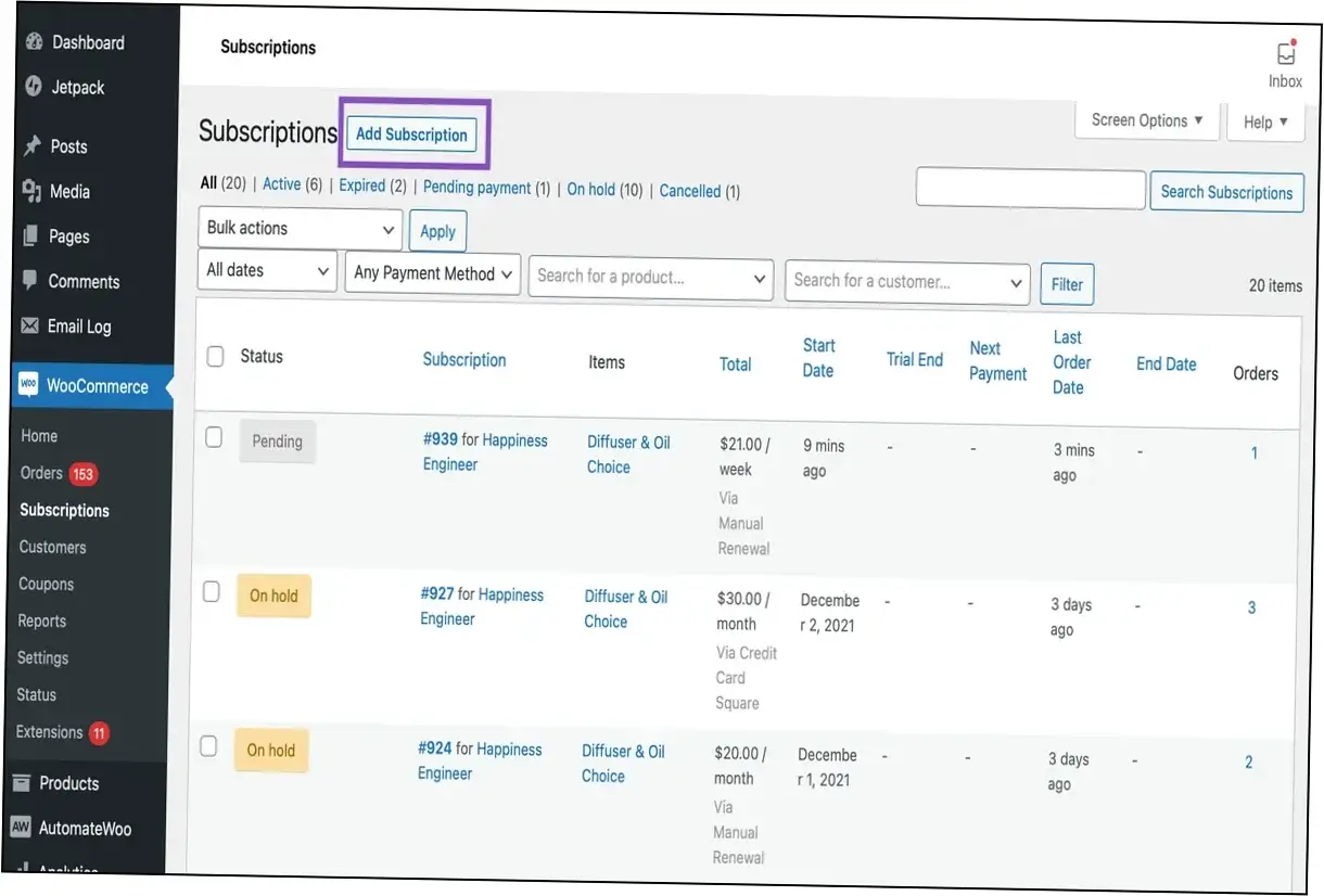 Preview of WooCommerce Subscriptions